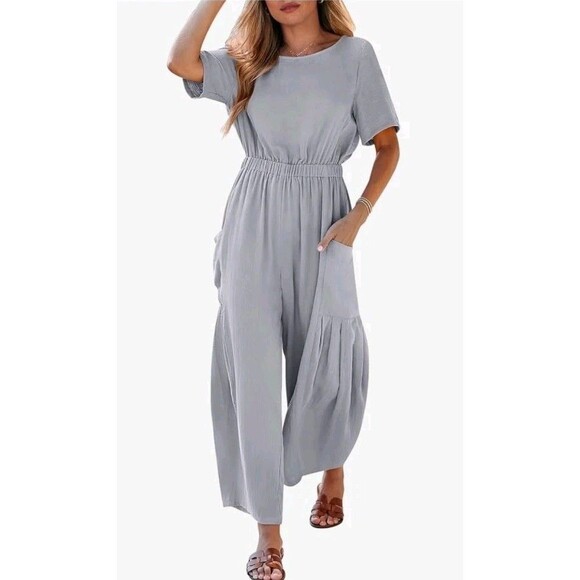 NEW ANRABESS Women's M Grey Linen Jumpsuit Casual Loose Short Slv Wide Leg - Picture 10 of 10